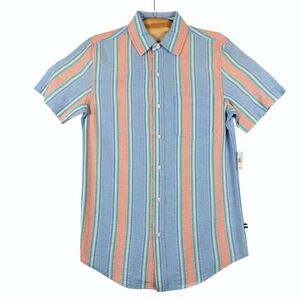 Edgar Ash Mens S Short Sleeve Button Down Blue Orange Striped Summer Beach Shirt